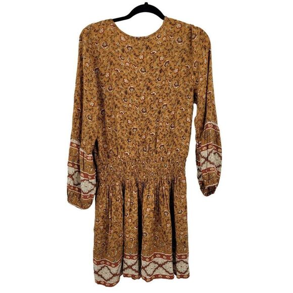 American Eagle Long Sleeve Dress Size Large Long Rust Floral Smocked Mini Boho - Picture 9 of 12